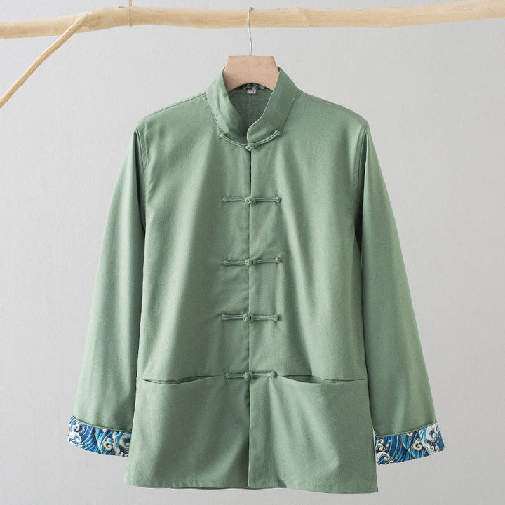 Chemise homme en coton et lin à manches longues et boutons grenouille, motif vagues brodées et Buddha Stones - Vert clair - US/UK/AU44，EU54 (4XL) - image 0