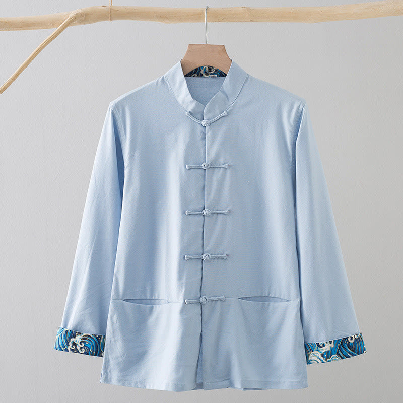 Chemise homme en coton et lin à manches longues et boutons grenouille, motif vagues brodées et Buddha Stones - Bleu clair - US/UK/AU44，EU54 (4XL) - image 15