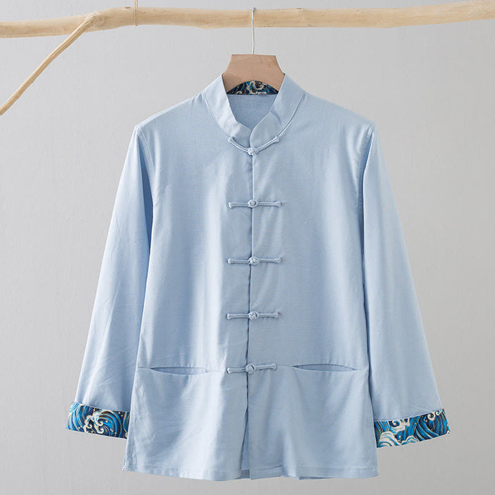Chemise homme en coton et lin à manches longues et boutons grenouille, motif vagues brodées et Buddha Stones - Bleu clair - US/UK/AU44，EU54 (4XL) - image 15