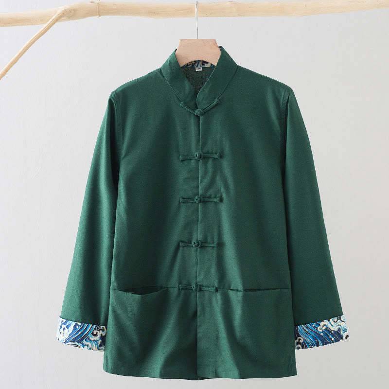 Chemise homme en coton et lin à manches longues et boutons grenouille, motif vagues brodées et Buddha Stones - Vert de mer - US/UK/AU44，EU54 (4XL) - image 9
