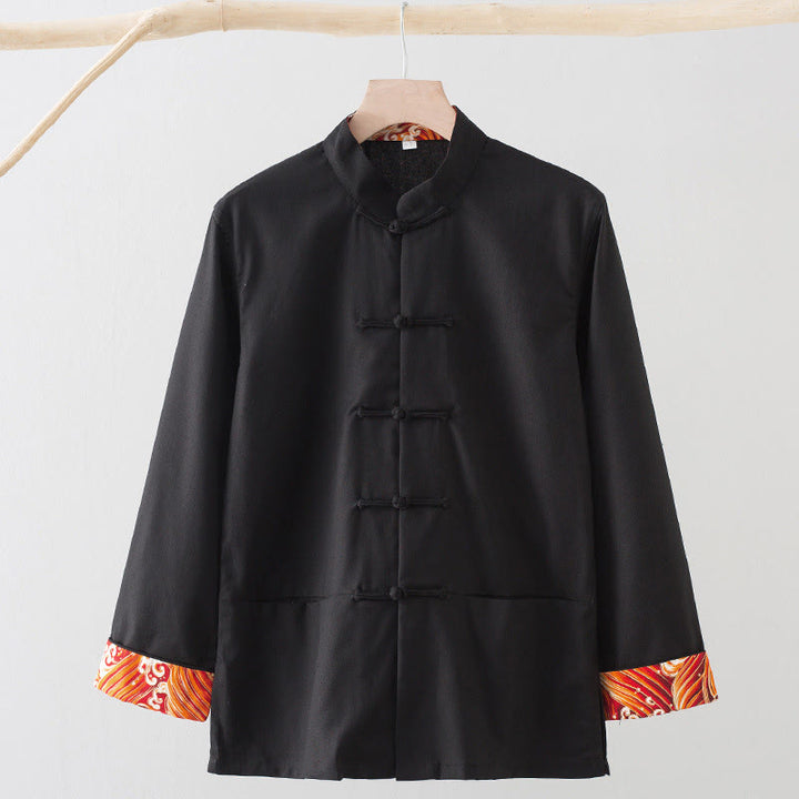 Chemise homme en coton et lin à manches longues et boutons grenouille, motif vagues brodées et Buddha Stones - Noir - US/UK/AU44，EU54 (4XL) - image 10