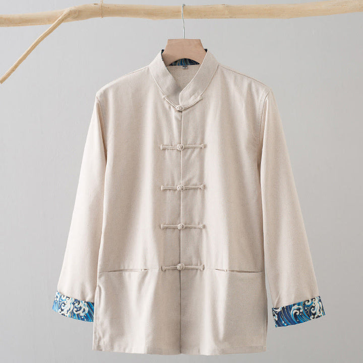 Chemise homme en coton et lin à manches longues et boutons grenouille, motif vagues brodées et Buddha Stones - Beige - US/UK/AU44，EU54 (4XL) - image 14