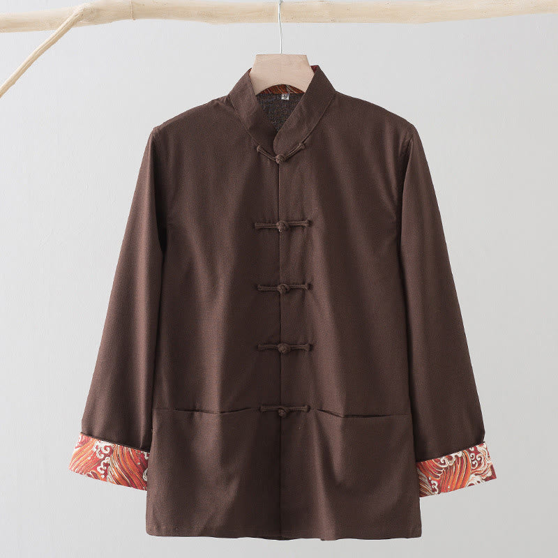 Chemise homme en coton et lin à manches longues et boutons grenouille, motif vagues brodées et Buddha Stones - Terre de sienne - US/UK/AU44，EU54 (4XL) - image 11
