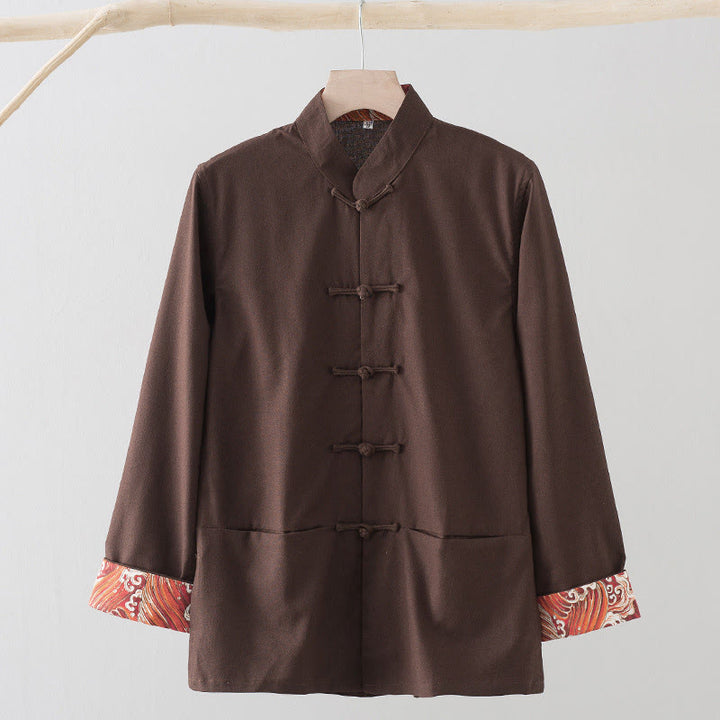 Chemise homme en coton et lin à manches longues et boutons grenouille, motif vagues brodées et Buddha Stones - Terre de sienne - US/UK/AU44，EU54 (4XL) - image 11