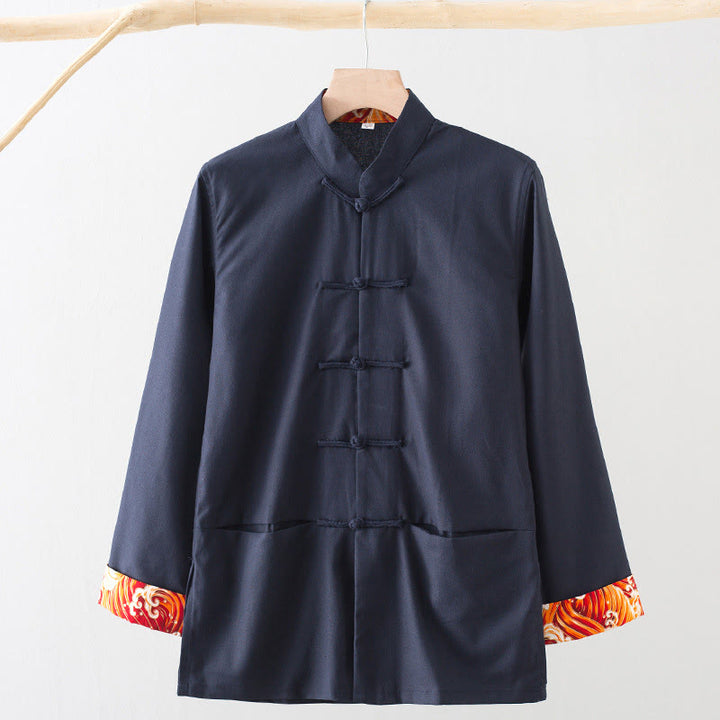 Chemise homme en coton et lin à manches longues et boutons grenouille, motif vagues brodées et Buddha Stones - Bleu acier - US/UK/AU44，EU54 (4XL) - image 12