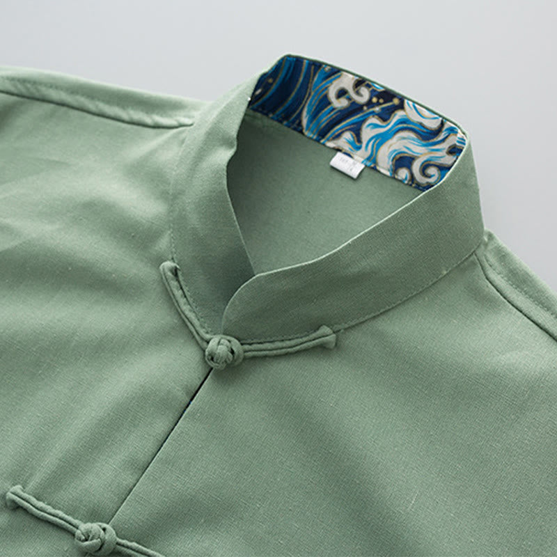 Chemise homme en coton et lin à manches longues et boutons grenouille, motif vagues brodées et Buddha Stones - image 1