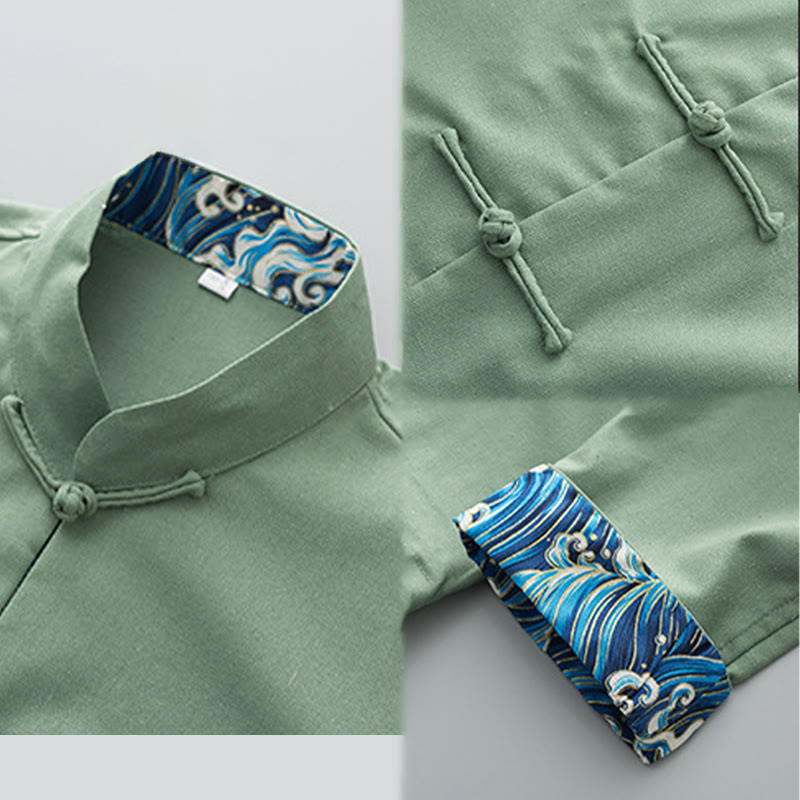 Chemise homme en coton et lin à manches longues et boutons grenouille, motif vagues brodées et Buddha Stones - image 7