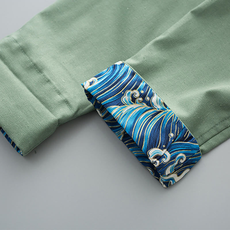 Chemise homme en coton et lin à manches longues et boutons grenouille, motif vagues brodées et Buddha Stones - image 5