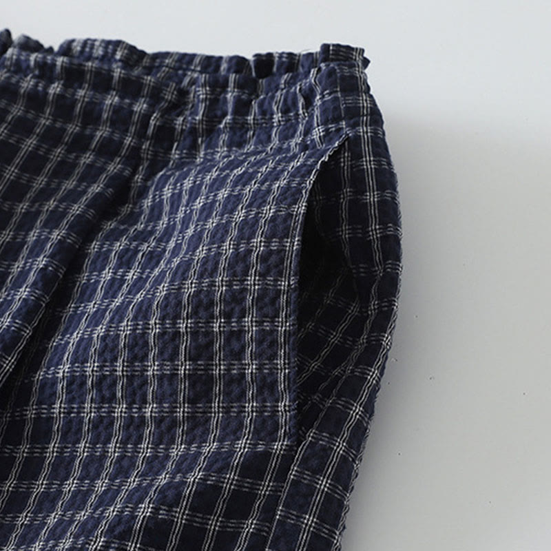 Pantalon large décontracté en coton à carreaux Buddha Stones pour femme avec poches - image 5