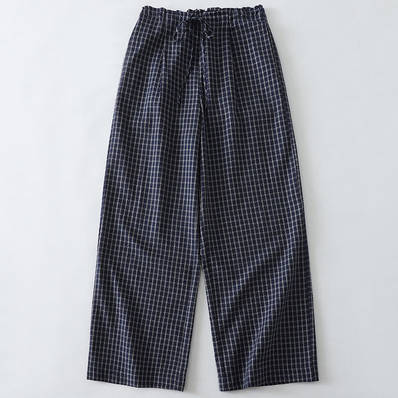 Pantalon large décontracté en coton à carreaux Buddha Stones pour femme avec poches - Bleu nuit - US8-10，UK/AU12-14，EU40-42 (2XL) - image 0
