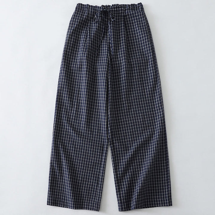 Pantalon large décontracté en coton à carreaux Buddha Stones pour femme avec poches - Bleu nuit - US8-10，UK/AU12-14，EU40-42 (2XL) - image 0