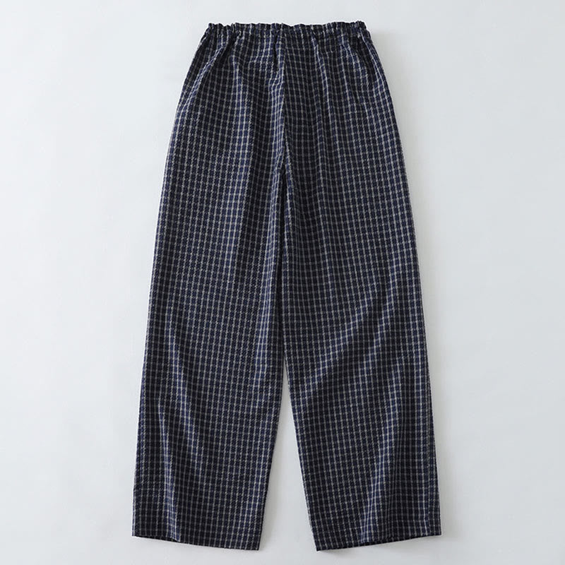 Pantalon large décontracté en coton à carreaux Buddha Stones pour femme avec poches - image 1