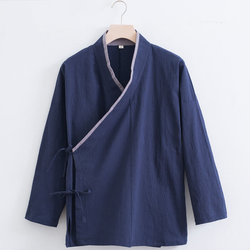 Chemise homme vintage à manches longues et lacets en coton et lin avec motif Buddha Stones - Bleu acier - US/UK/AU44，EU54 (4XL) - image 10