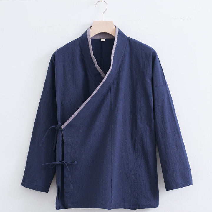 Chemise homme vintage à manches longues et lacets en coton et lin avec motif Buddha Stones - Bleu acier - US/UK/AU44，EU54 (4XL) - image 10