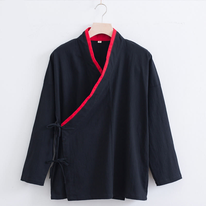 Chemise homme vintage à manches longues et lacets en coton et lin avec motif Buddha Stones - Noir - US/UK/AU44，EU54 (4XL) - image 12