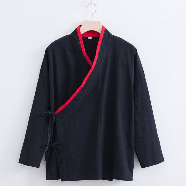 Chemise homme vintage à manches longues et lacets en coton et lin avec motif Buddha Stones - Noir - US/UK/AU44，EU54 (4XL) - image 12