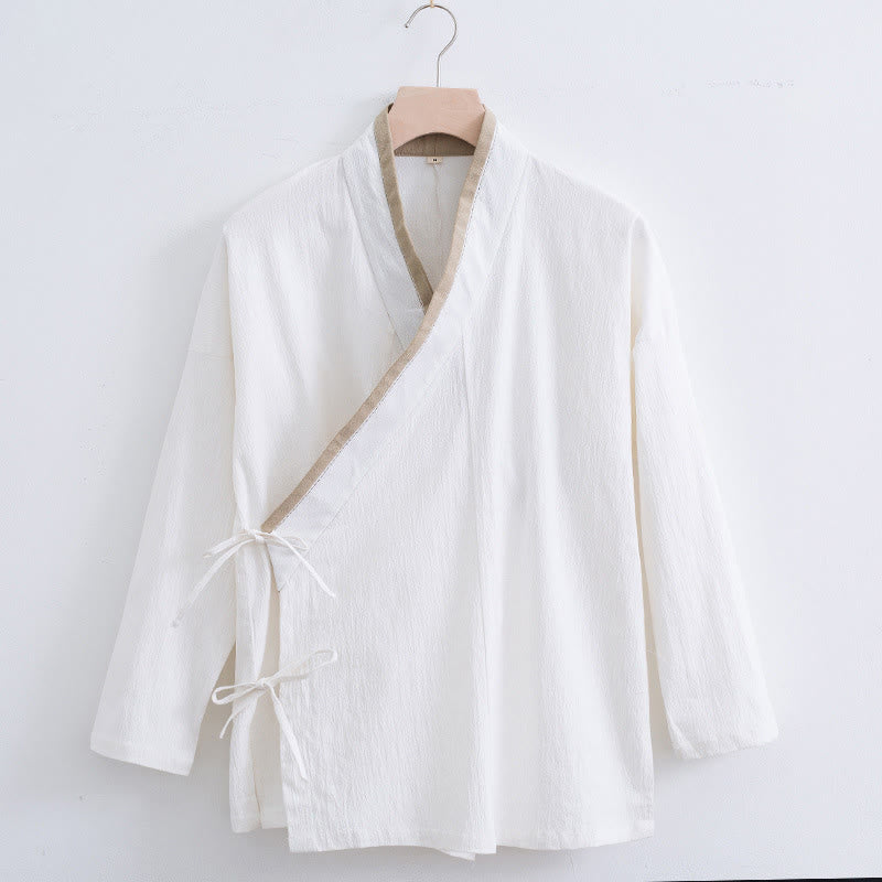 Chemise homme vintage à manches longues et lacets en coton et lin avec motif Buddha Stones - Blanc - US/UK/AU44，EU54 (4XL) - image 0