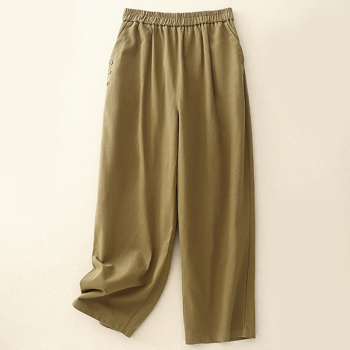 Pantalon décontracté en coton et polyester avec poches pour femme, boutons-pression et Buddha Stones - Verge d'or - US8-10，UK/AU12-14，EU40-42 (2XL) - image 0