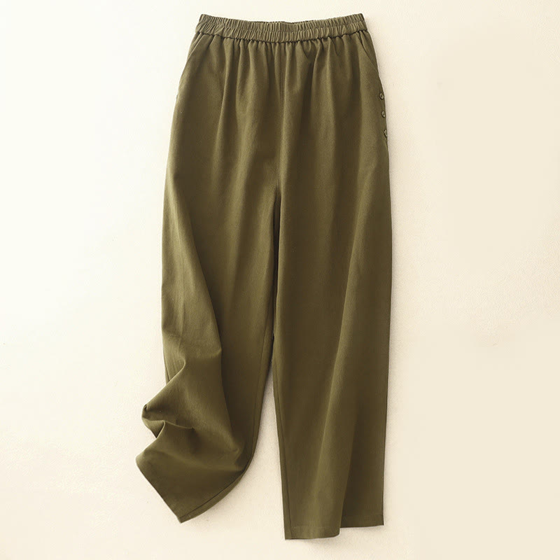 Pantalon décontracté en coton et polyester avec poches pour femme, boutons-pression et Buddha Stones - Olive - US8-10，UK/AU12-14，EU40-42 (2XL) - image 5