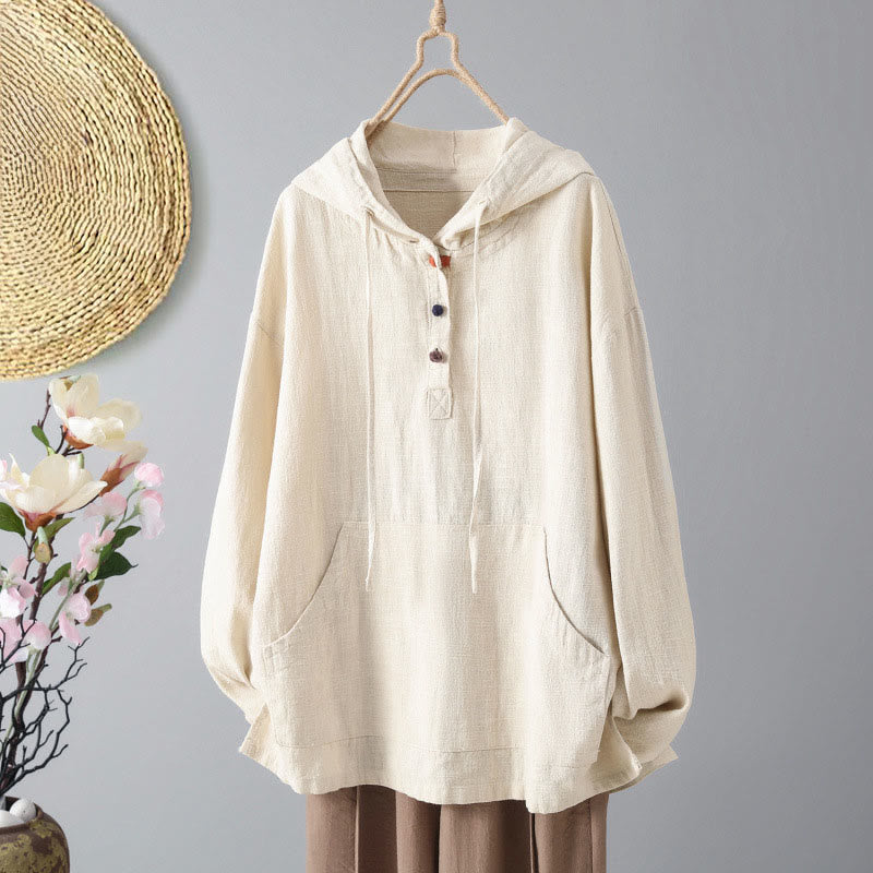 Sweat à capuche à manches longues et poches pour femme, motif Buddha Stones, en coton uni, avec boutons - Beige - US12，UK/AU16，EU44 (2XL) - image 0