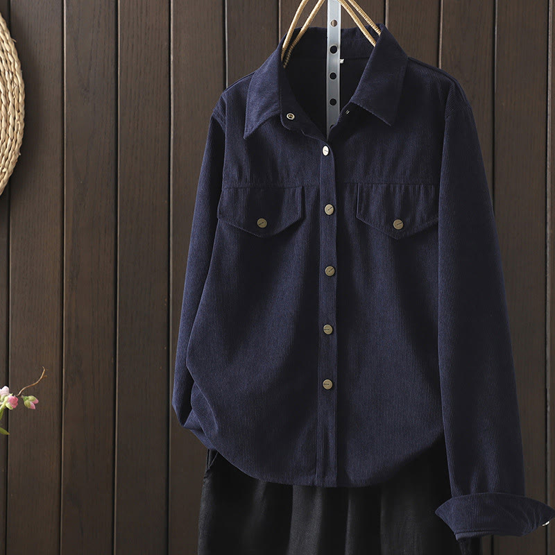 Chemise à manches longues en velours côtelé de coton à boutons unis Buddha Stones Commute pour femme - Bleu nuit - US8-10，UK/AU12-14，EU40-42 (2XL) - image 0