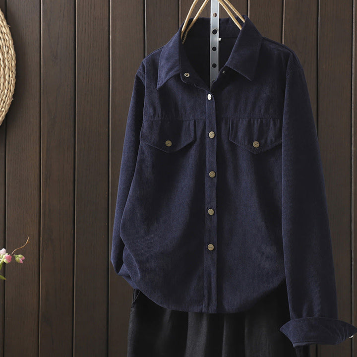 Chemise à manches longues en velours côtelé de coton à boutons unis Buddha Stones Commute pour femme - Bleu nuit - US8-10，UK/AU12-14，EU40-42 (2XL) - image 0