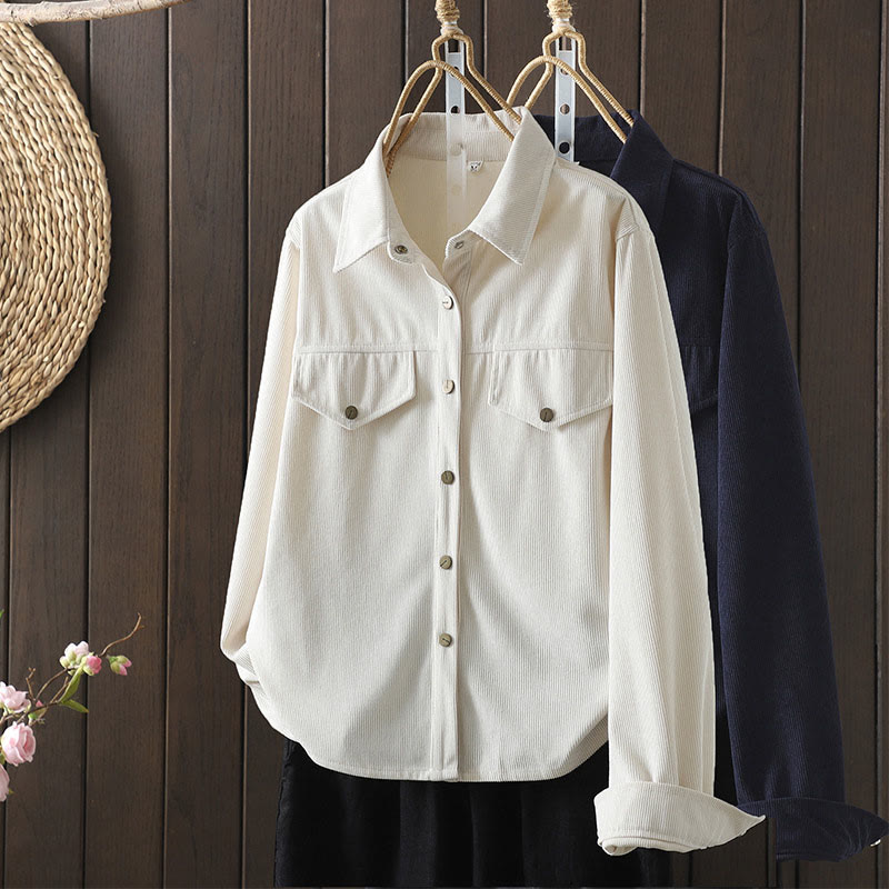 Chemise à manches longues en velours côtelé de coton à boutons unis Buddha Stones Commute pour femme - image 17