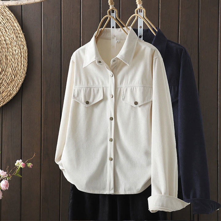 Chemise à manches longues en velours côtelé de coton à boutons unis Buddha Stones Commute pour femme - image 17