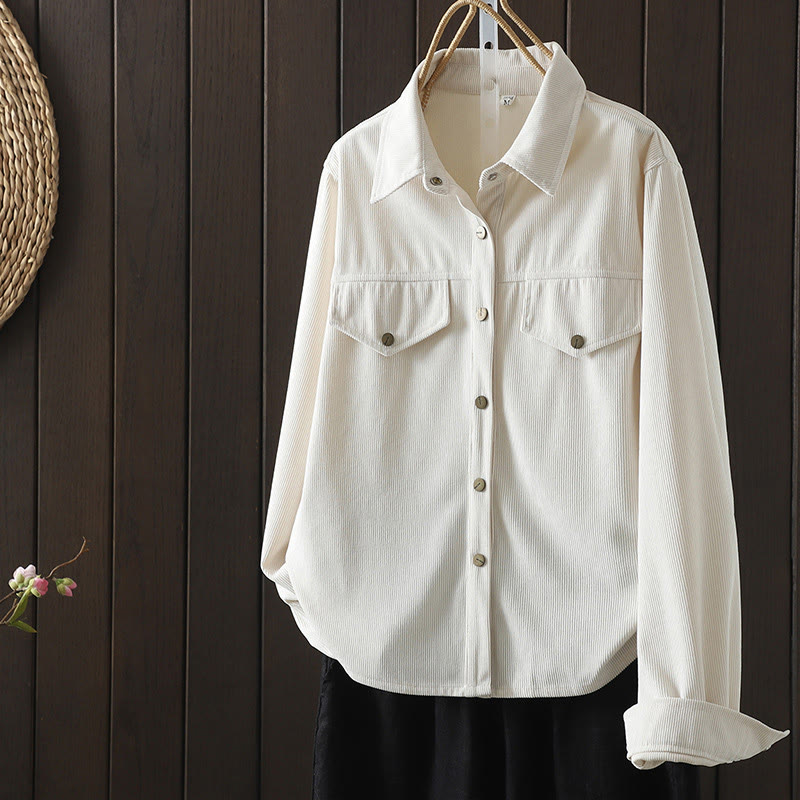 Chemise à manches longues en velours côtelé de coton à boutons unis Buddha Stones Commute pour femme - FloralBlanc - US8-10，UK/AU12-14，EU40-42 (2XL) - image 7