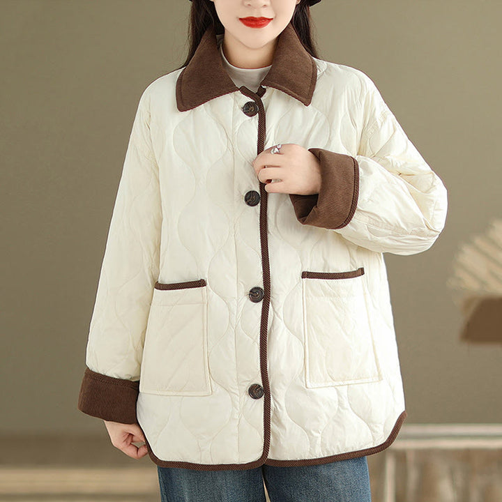 Veste en coton à manches longues et poches pour femme, motif Buddha Stones, revers contrastés - FloralWhite - US14，UK/AU18，EU46 (2XL) - image 0