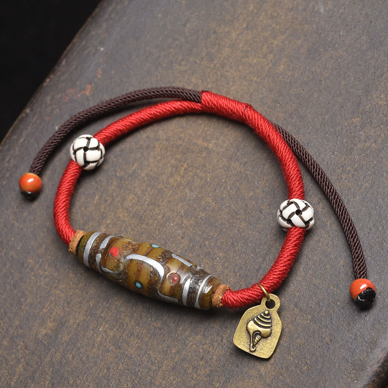 Bracelet de protection en corde de perles tibétaines Dzi à neuf yeux, fabriqué à la main par Buddha Stones - Corde rouge et perle Dzi à neuf yeux (circonférence du poignet : 16-20 cm) - image 5