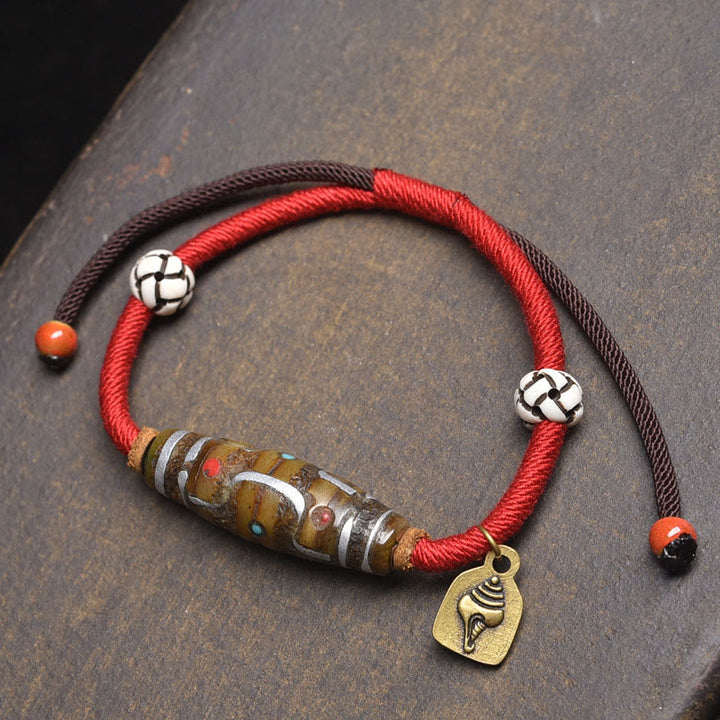 Bracelet de protection en corde de perles tibétaines Dzi à neuf yeux, fabriqué à la main par Buddha Stones - Corde rouge et perle Dzi à neuf yeux (circonférence du poignet : 16-20 cm) - image 5