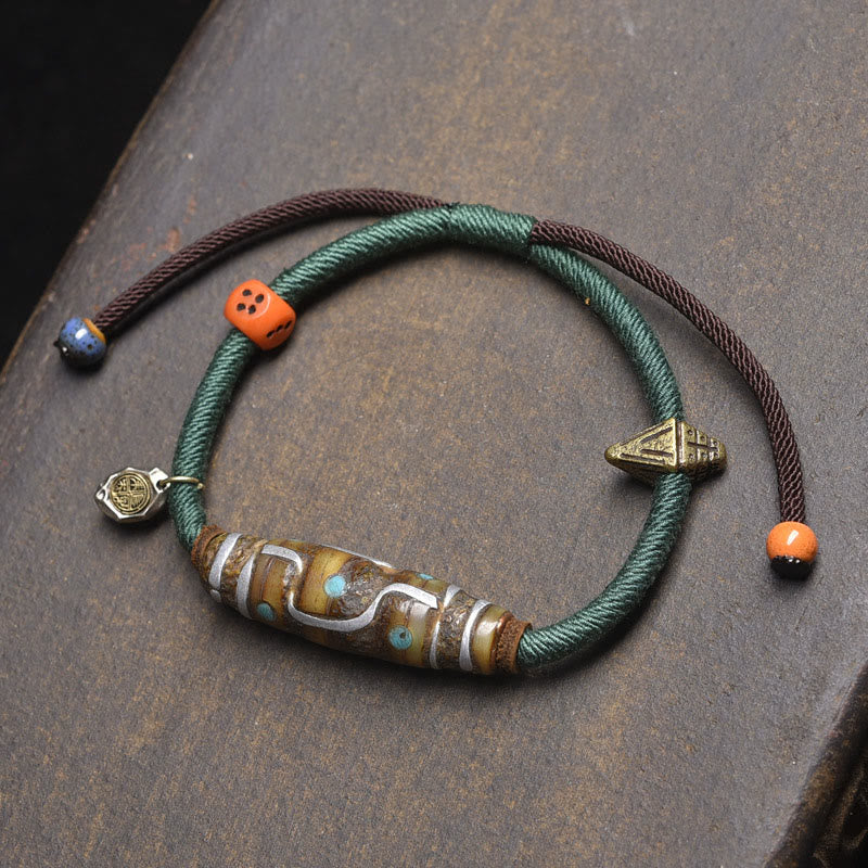 Bracelet de protection en corde de perles tibétaines Dzi à neuf yeux, fabriqué à la main par Buddha Stones - Corde verte et perle Dzi à neuf yeux (tour de poignet : 16-20 cm) - image 7