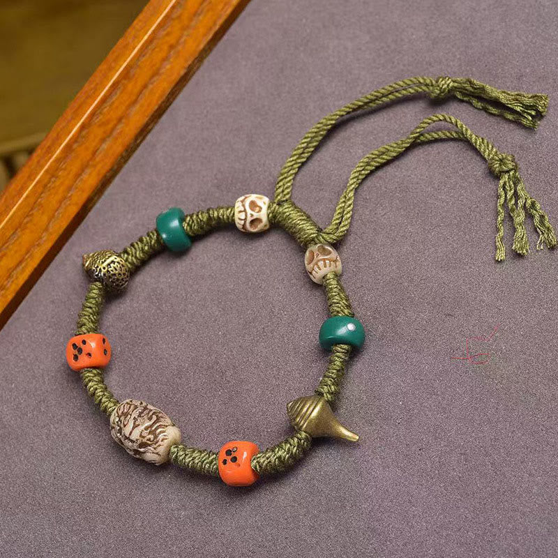 Bracelet en corde fait main avec des Buddha Stones et des motifs de dragon tibétain - Corde verte (tour de poignet : 16-20 cm) - image 0