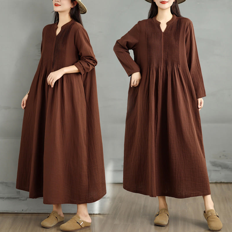 Robe midi en coton double épaisseur à manches longues et col cranté avec poches Buddha Stones - SaddleBrown - US4-8/10, UK/AU8-12/14, EU36-40/42(F) - image 0