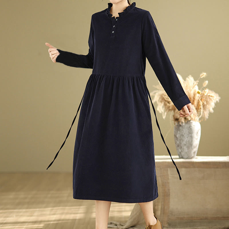 Robe mi-longue en velours côtelé de coton à manches longues et col ras du Buddha Stones avec lacets et poches - Bleu nuit - US12，UK/AU16，EU44 (2XL) - image 0