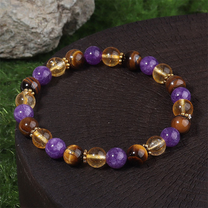 Bracelet de guérison en Buddha Stones d'espacement en améthyste, œil de tigre et citrine - Améthyste, œil de tigre et citrine (tour de poignet : 19-22 cm) - image 0
