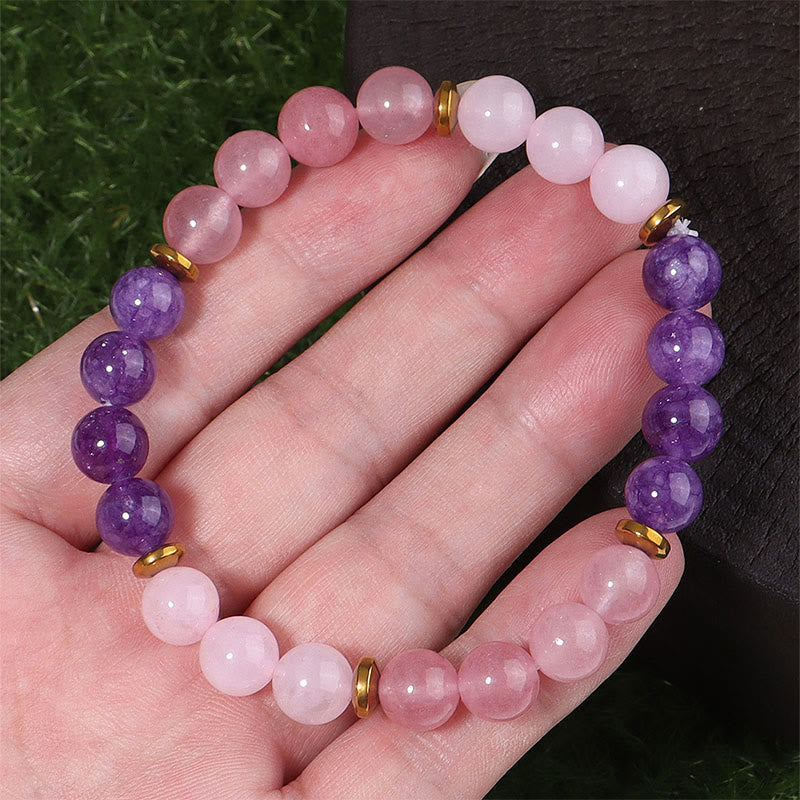 Bracelet Buddha Stones Améthyste Fraise Quartz Perles de Cristal Rose Amour Paix - image 2