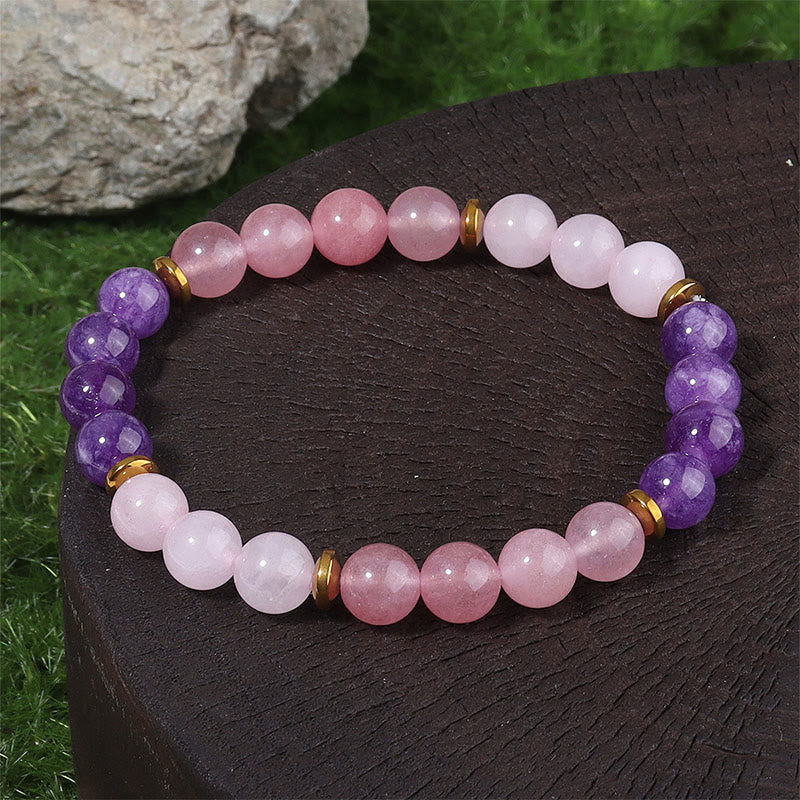 Bracelet Buddha Stones Améthyste Fraise Quartz Perles de Cristal Rose Amour Paix - Améthyste, quartz fraise et cristal rose (tour de poignet : 19-22 cm) - image 0