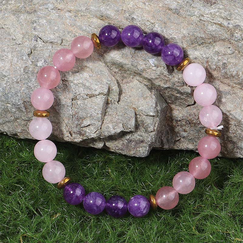 Bracelet Buddha Stones Améthyste Fraise Quartz Perles de Cristal Rose Amour Paix - image 1