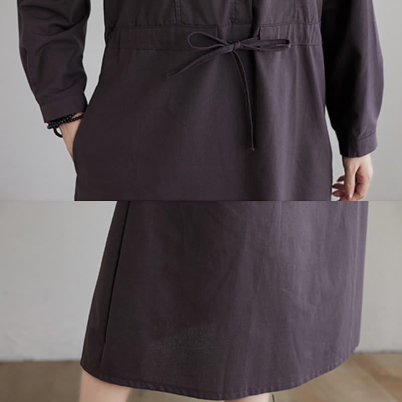 Robe mi-longue en coton à manches longues et revers avec poches, motif Buddha Stones Fall, couleur unie, lacets - image 17