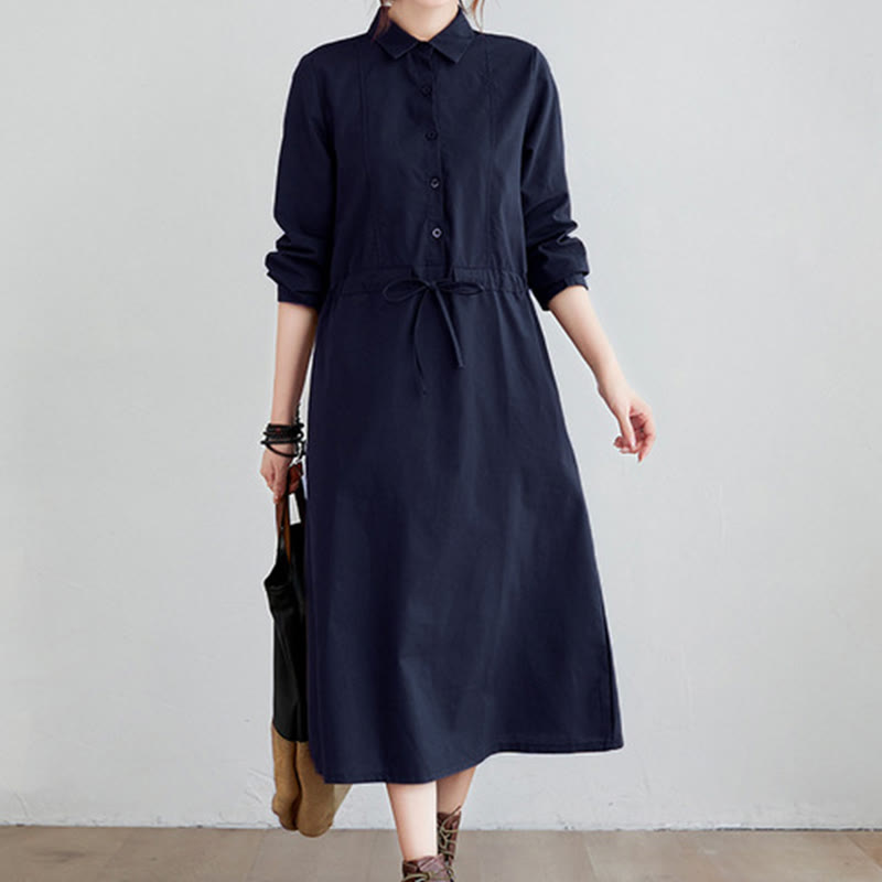 Robe mi-longue en coton à manches longues et revers avec poches, motif Buddha Stones Fall, couleur unie, lacets - Bleu nuit - US8-10，UK/AU12-14，EU40-42 (2XL) - image 0