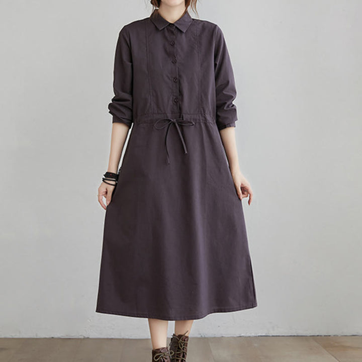 Robe mi-longue en coton à manches longues et revers avec poches, motif Buddha Stones Fall, couleur unie, lacets - RosyBrown - US8-10，UK/AU12-14，EU40-42 (2XL) - image 5
