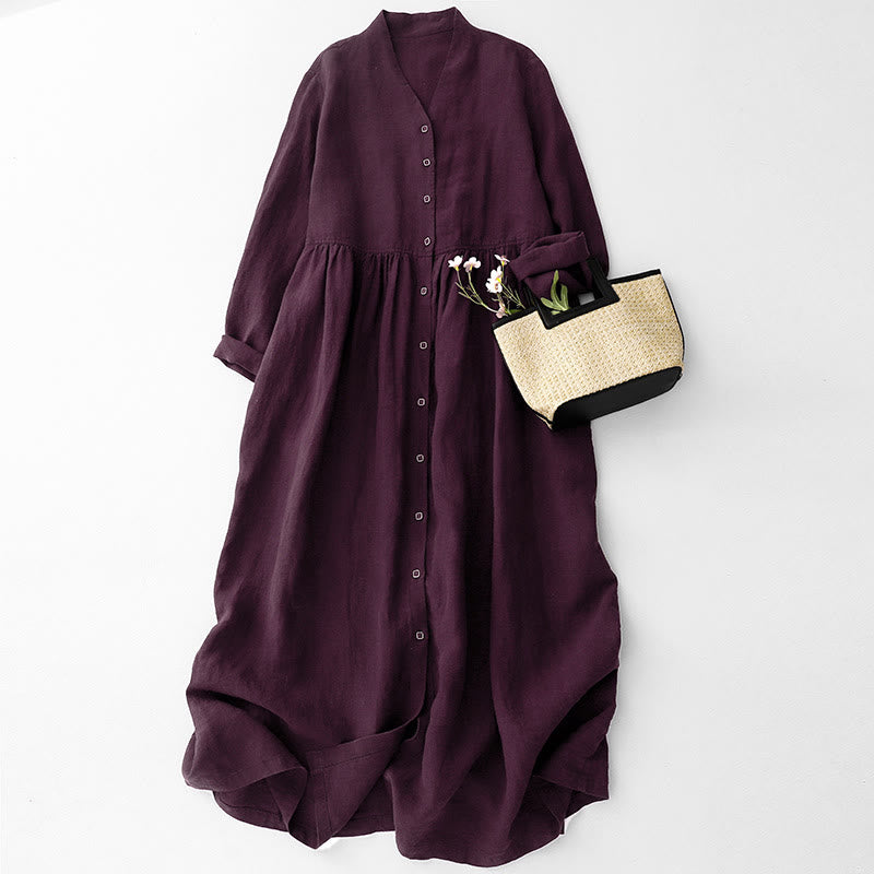 Robe mi-longue en coton à manches longues et col en V avec boutons et pierres de Buddha Stones Fall, magenta foncé - Magenta foncé - US14，UK/AU18，EU46 (2XL) - image 0