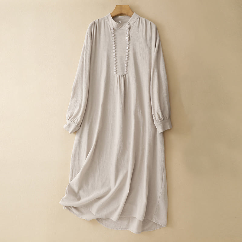 Robe mi-longue en coton à manches longues et col montant, boutons croisés, motif Buddha Stones, couleur pure - Blanc antique - US14，UK/AU18，EU46 (2XL) - image 0