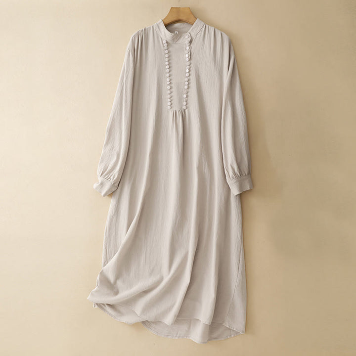 Robe mi-longue en coton à manches longues et col montant, boutons croisés, motif Buddha Stones, couleur pure - Blanc antique - US14，UK/AU18，EU46 (2XL) - image 0