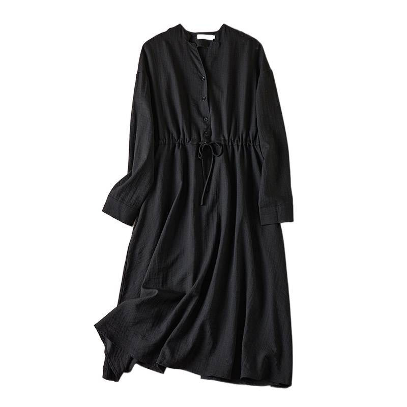Robe mi-longue en coton à manches longues et col cranté avec cordon de serrage et poches - image 6