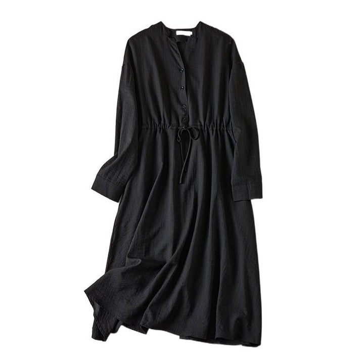Robe mi-longue en coton à manches longues et col cranté avec cordon de serrage et poches - image 6