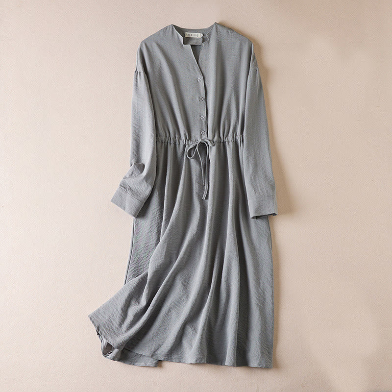 Robe mi-longue en coton à manches longues et col cranté avec cordon de serrage et poches - Gris foncé - US8-10，UK/AU12-14，EU40-42 (2XL) - image 7