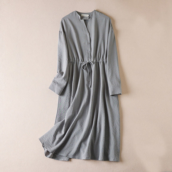 Robe mi-longue en coton à manches longues et col cranté avec cordon de serrage et poches - Gris foncé - US8-10，UK/AU12-14，EU40-42 (2XL) - image 7